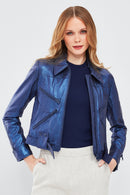 Sirena Women's Navy Blue Short Leather Jacket | Derimod