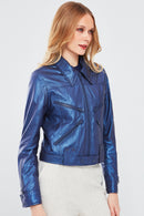 Sirena Women's Navy Blue Short Leather Jacket | Derimod