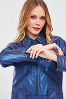 Sirena Women's Navy Blue Short Leather Jacket | Derimod