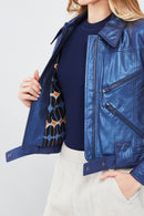 Sirena Women's Navy Blue Short Leather Jacket | Derimod