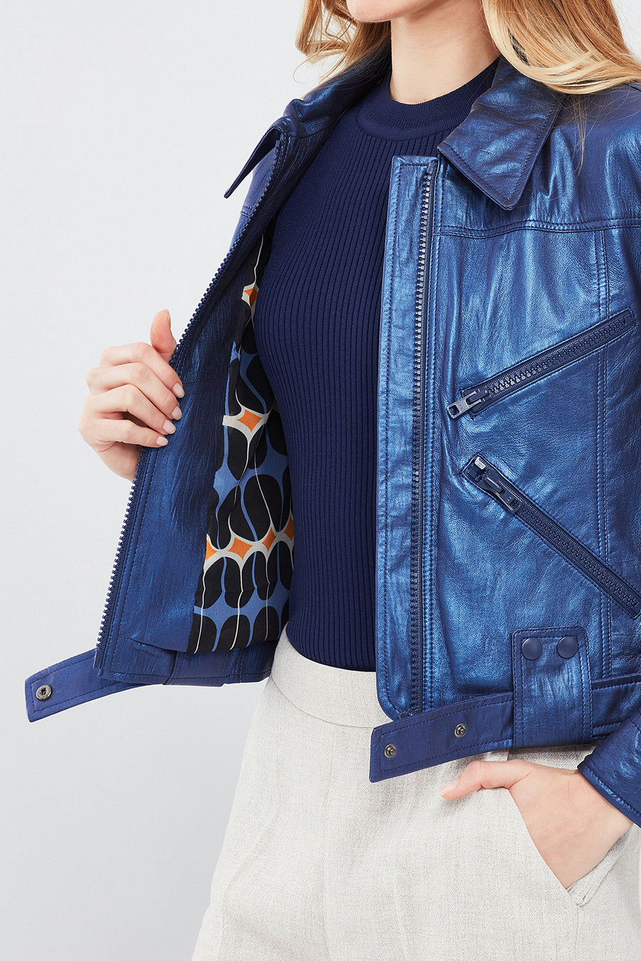 Sirena Women's Navy Blue Short Leather Jacket