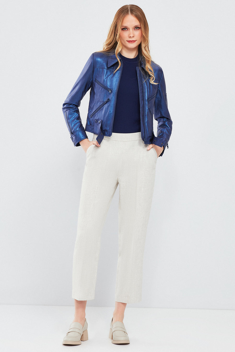Sirena Women's Navy Blue Short Leather Jacket