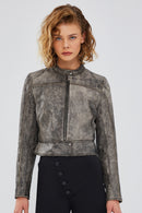 Zoey Women's Gray Vintage Short Leather Coat | Derimod