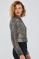 Zoey Women's Gray Vintage Short Leather Coat | Derimod