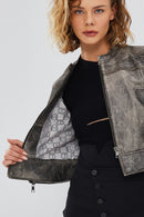 Zoey Women's Gray Vintage Short Leather Coat | Derimod