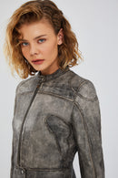 Zoey Women's Gray Vintage Short Leather Coat | Derimod