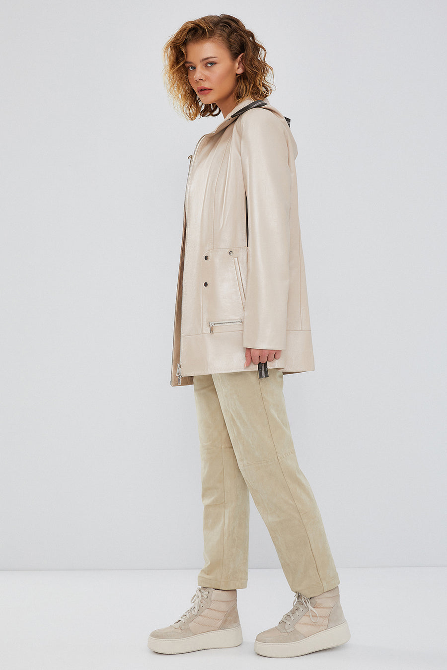 Chantal Women's Beige Hooded Leather Coat