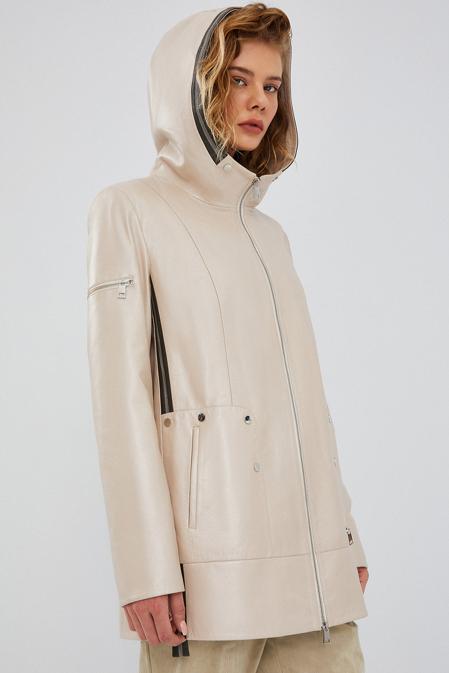 Chantal Women's Beige Hooded Leather Coat