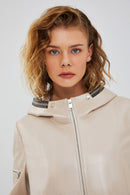 Chantal Women's Beige Hooded Leather Coat | Derimod