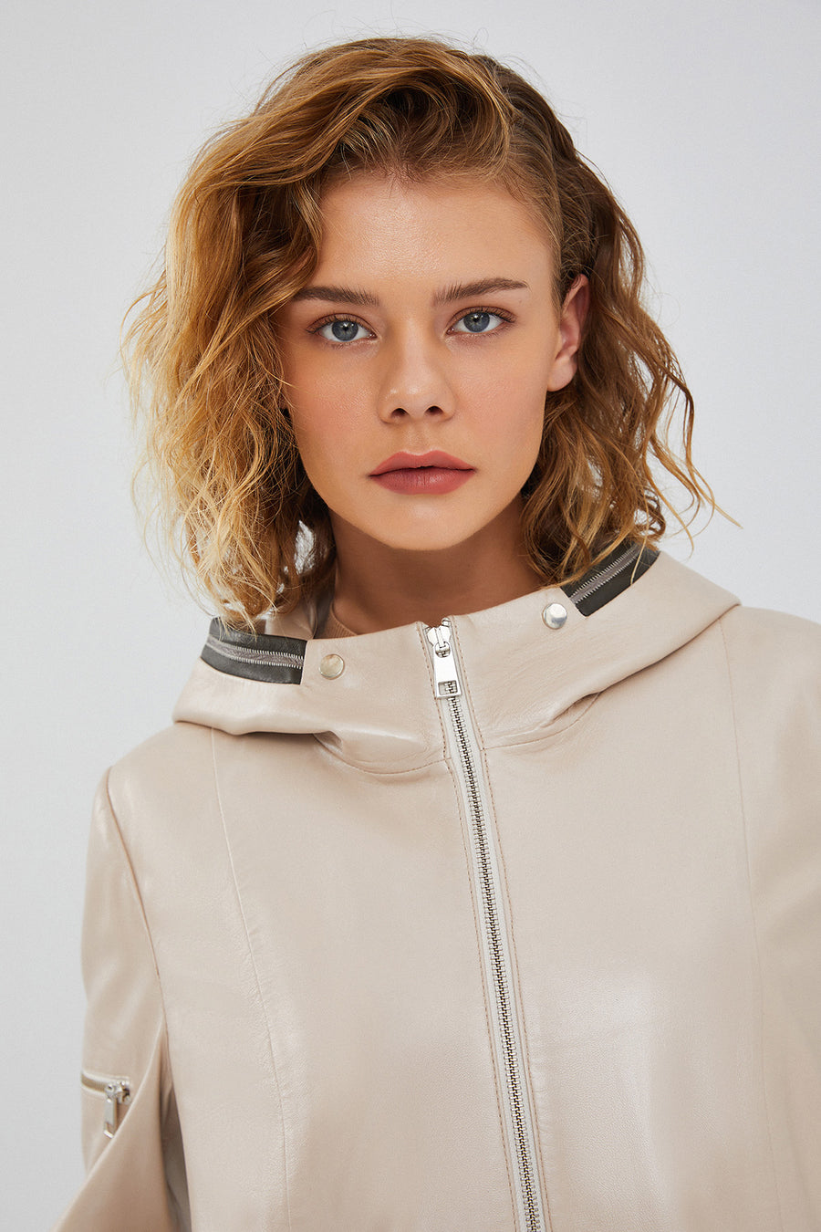 Chantal Women's Beige Hooded Leather Coat
