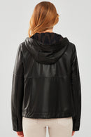 Shelly Women's Black Oversize Hooded Leather Jacket | Derimod