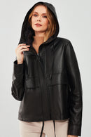 Shelly Women's Black Oversize Hooded Leather Jacket | Derimod
