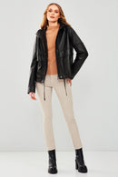 Shelly Women's Black Oversize Hooded Leather Jacket | Derimod