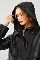 Shelly Women's Black Oversize Hooded Leather Jacket | Derimod