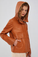 Shelly Women's Orange Oversize Hooded Leather Jacket | Derimod