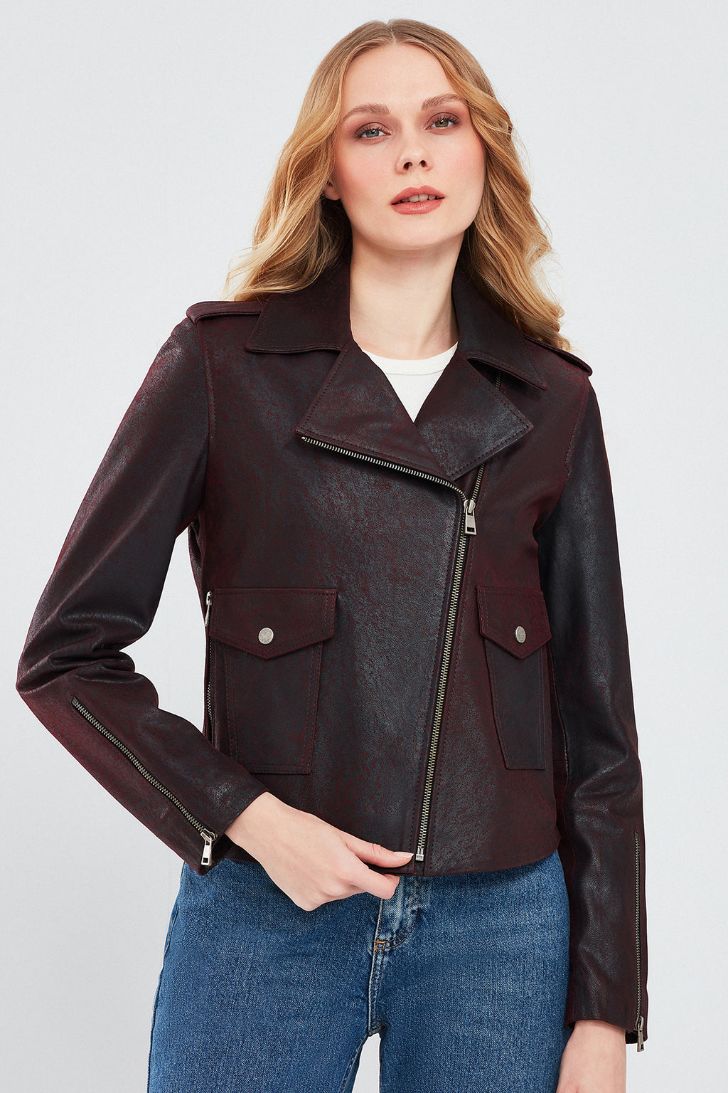 Amor Kadın Bordo Biker Deri Ceket