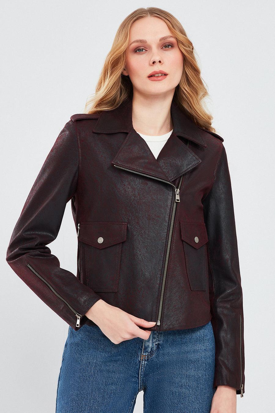 Amor Women's Burgundy Biker Leather Jacket