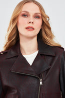Amor Women's Burgundy Biker Leather Jacket | Derimod