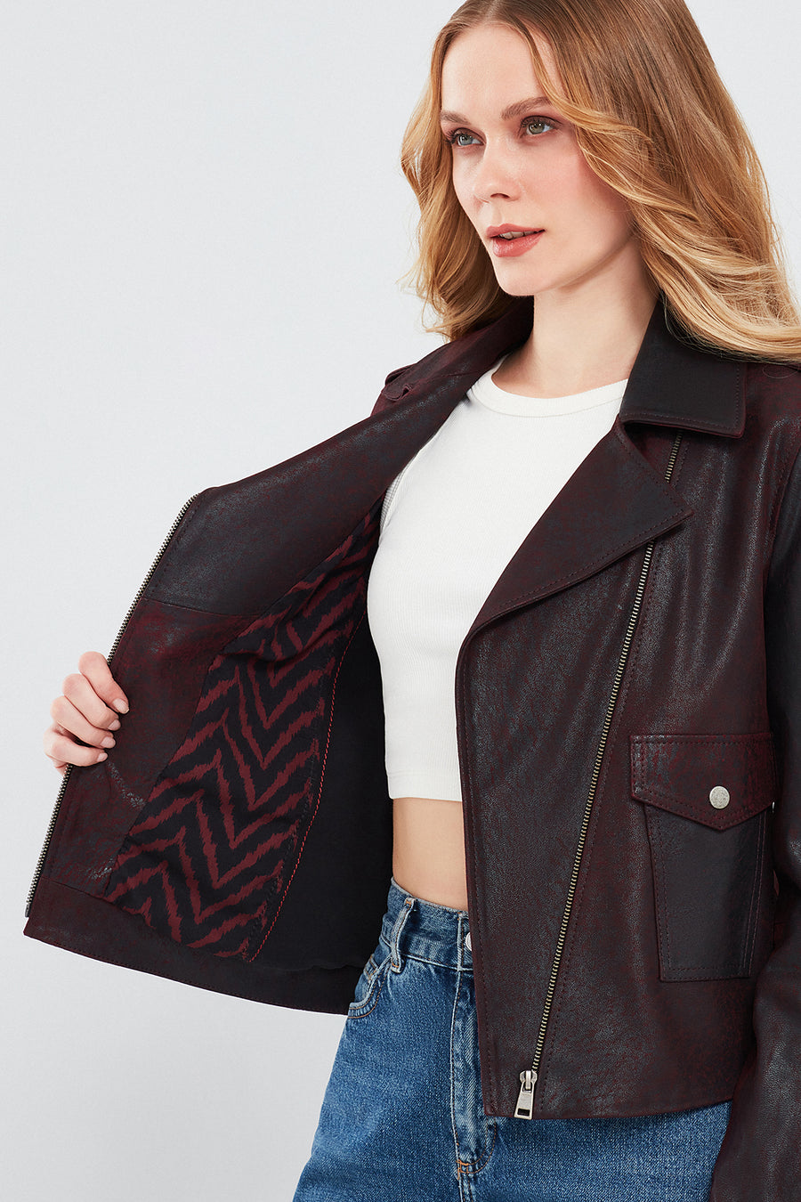 Amor Women's Burgundy Biker Leather Jacket