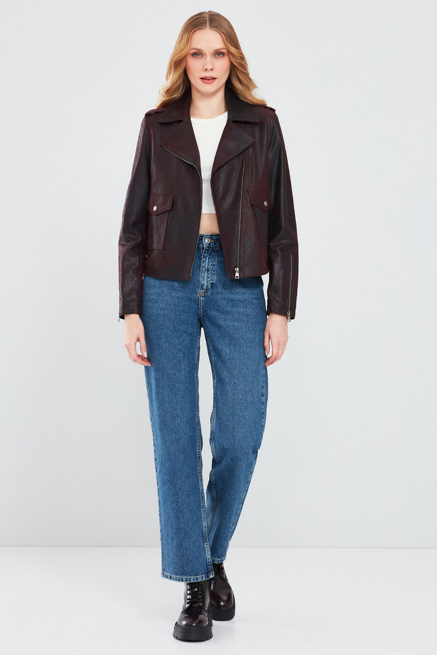 Amor Women's Burgundy Biker Leather Jacket