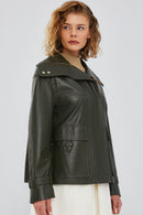 Simona Women's Green Oversize Leather Jacket | Derimod