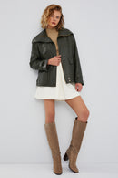 Simona Women's Green Oversize Leather Jacket | Derimod