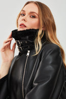 Mexico Women Black Teddy Biker Leather Jacket | Derimod