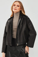Cassy Women's Black Oversize Leather Jacket | Derimod