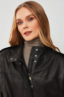 Cassy Women's Black Oversize Leather Jacket | Derimod