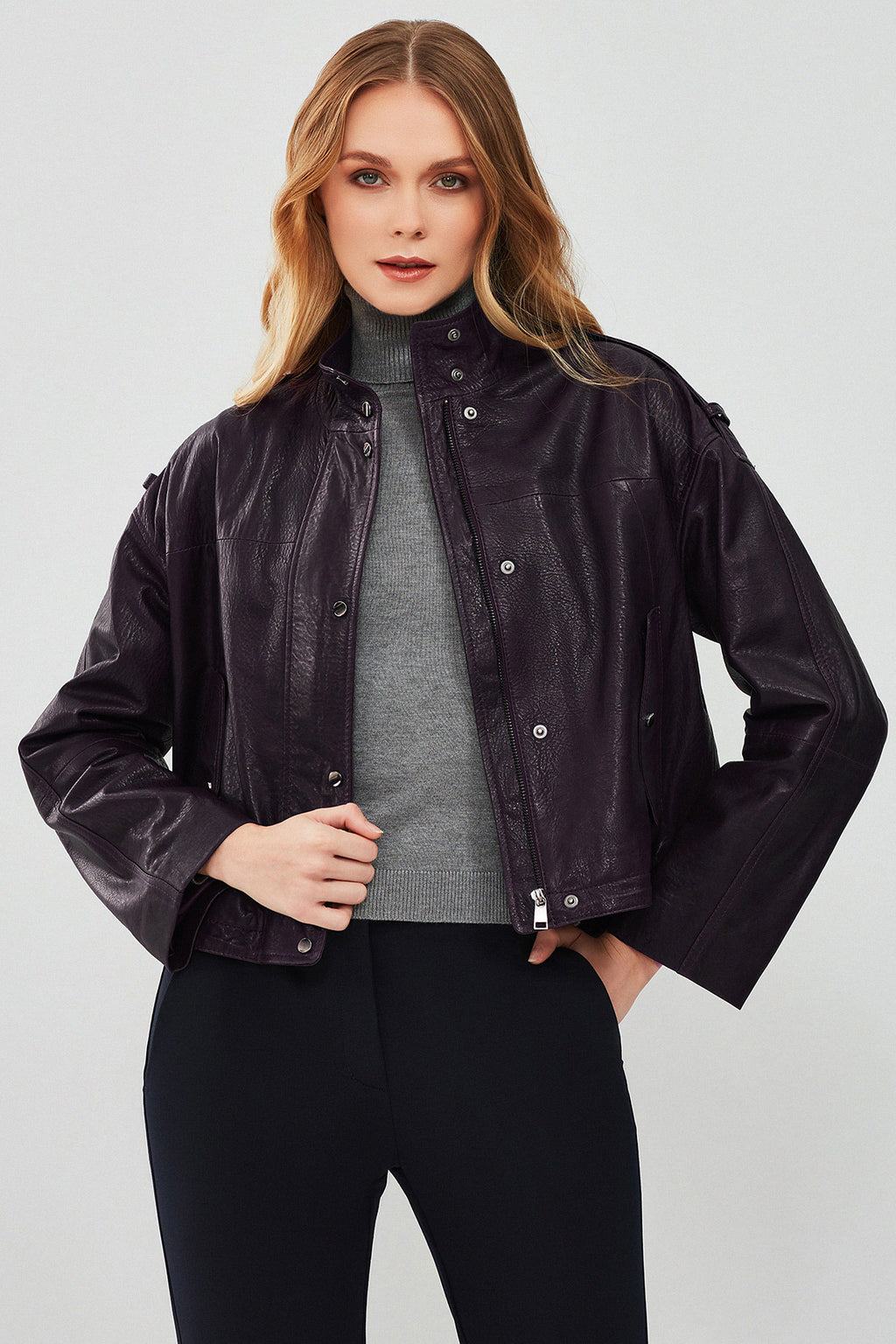 Cassy Kadın Mor Oversize Deri Ceket