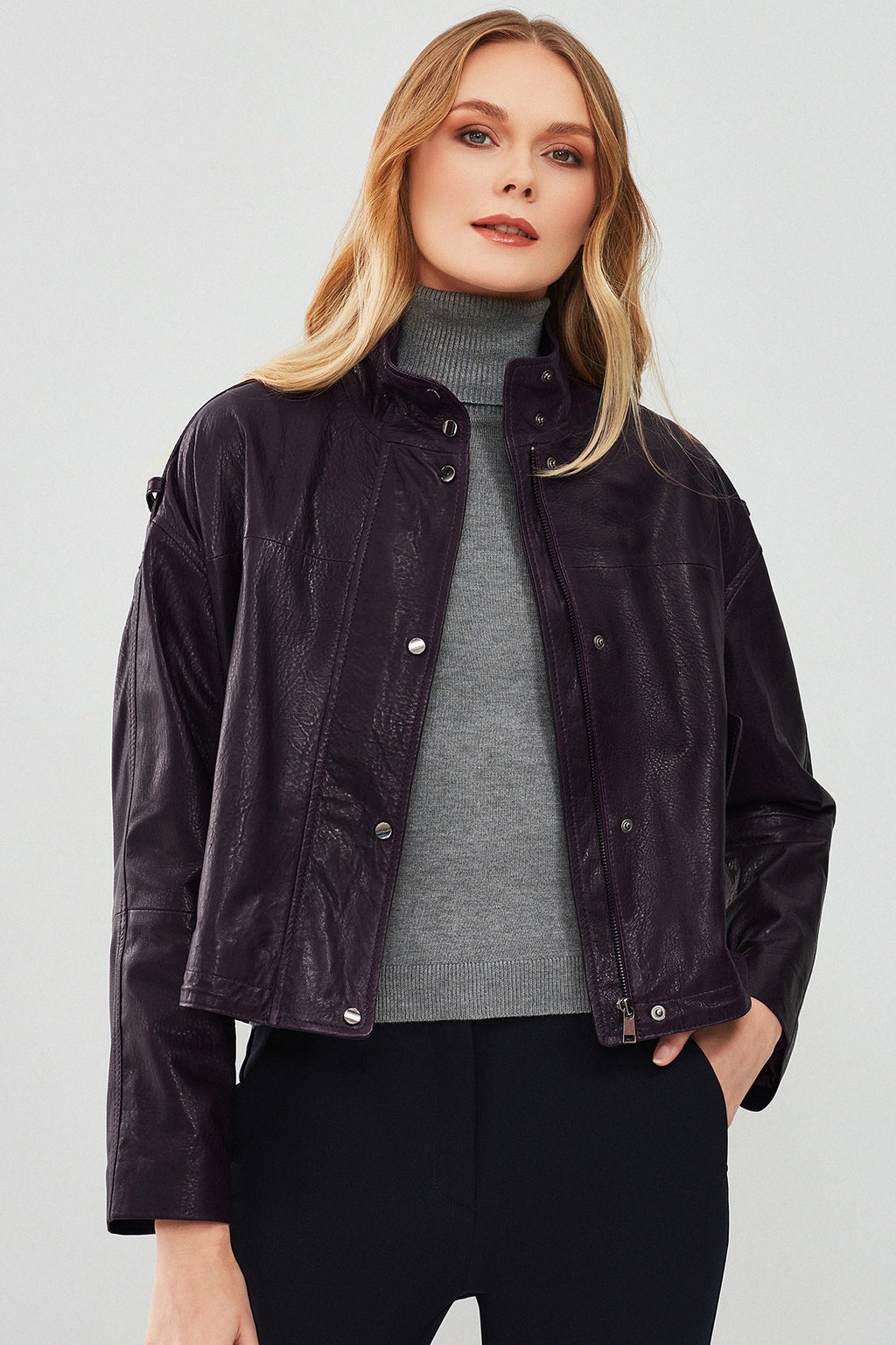 Cassy Kadın Mor Oversize Deri Ceket