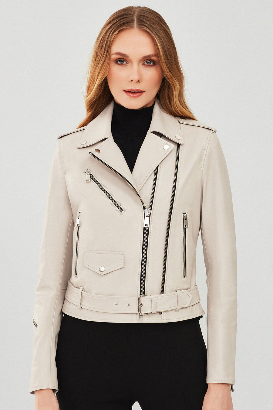 London Women's Beige Biker Leather Jacket