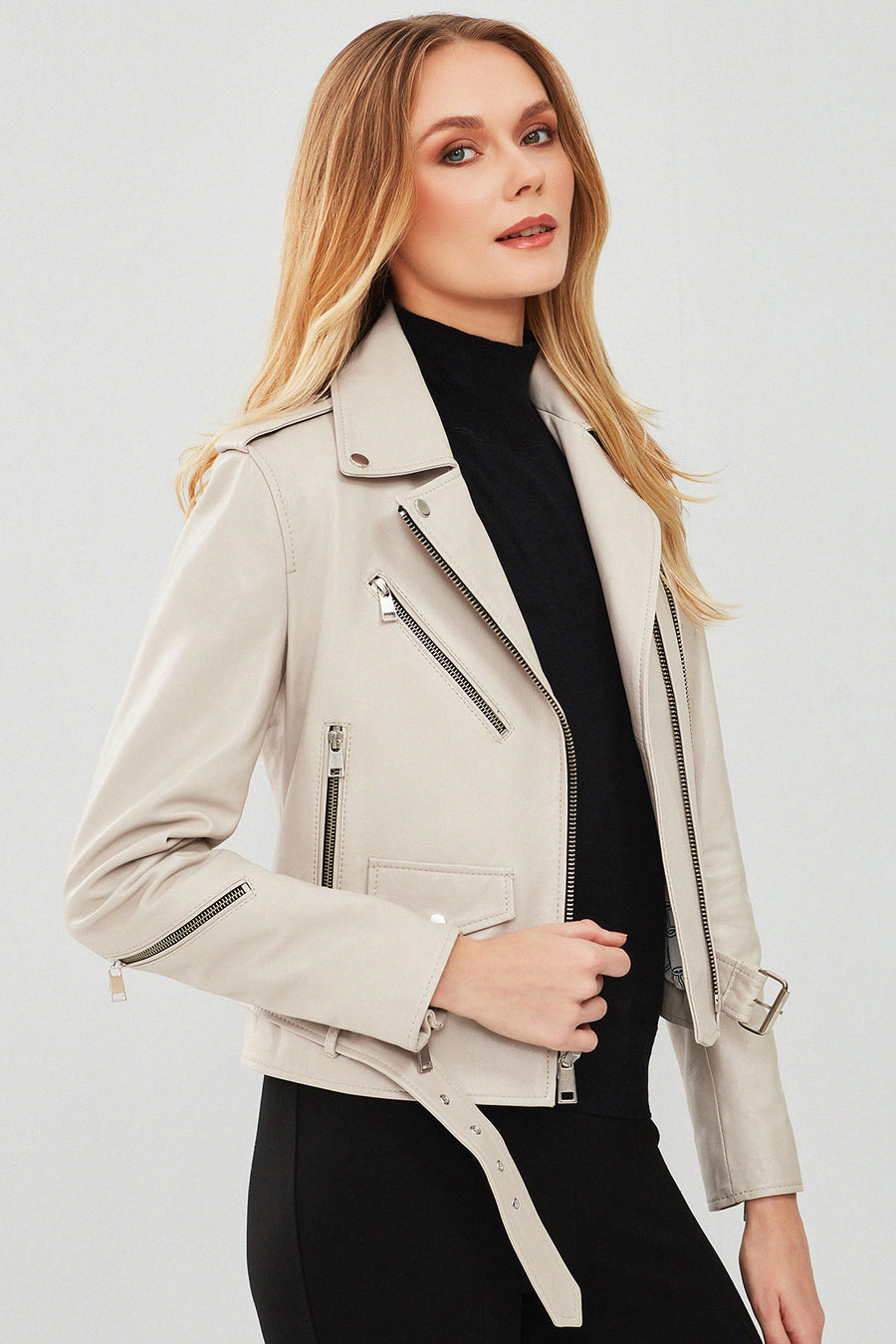 London Women's Beige Biker Leather Jacket