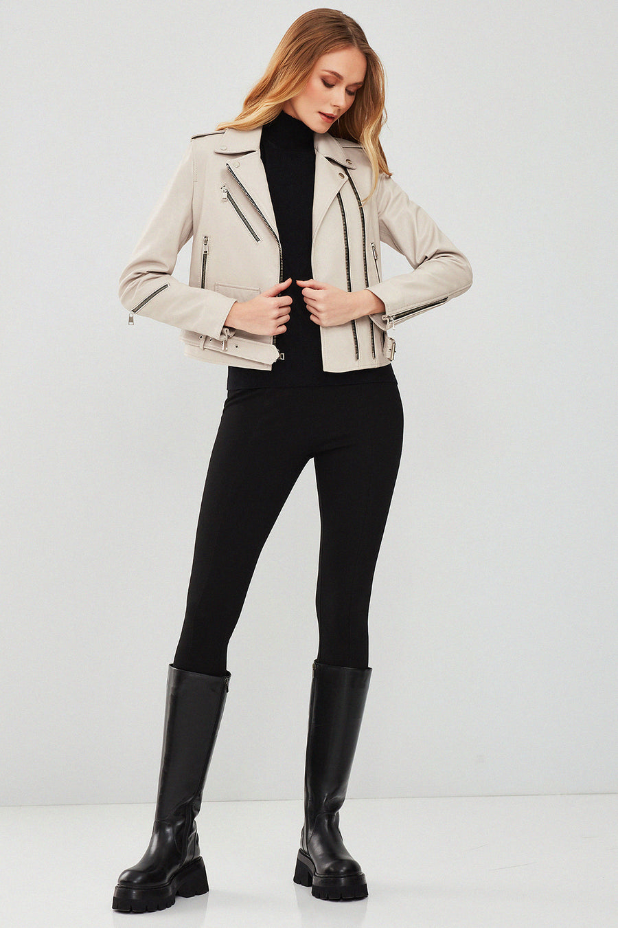 London Women's Beige Biker Leather Jacket