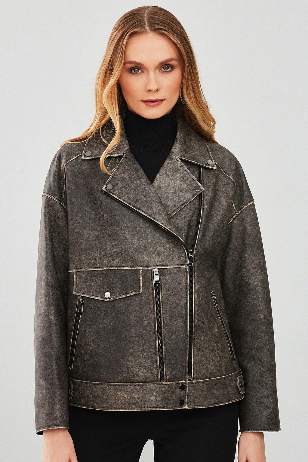 Delano Kadın Gri Vintage Oversize Biker Deri Ceket
