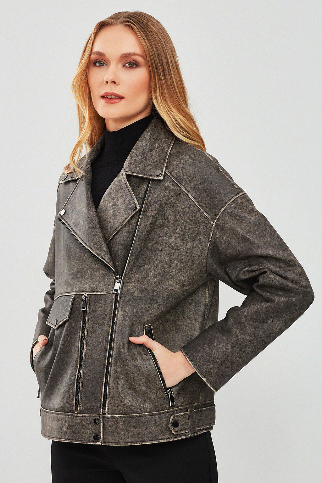 Delano Kadın Gri Vintage Oversize Biker Deri Ceket