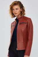 Eva Women's Brown Slim-Fit Short Leather Jacket | Derimod