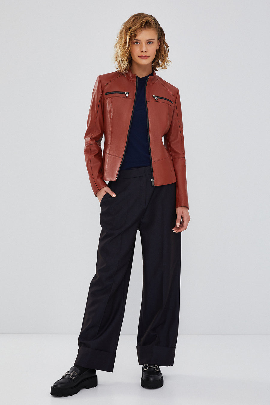 Eva Women's Brown Slim-Fit Short Leather Jacket