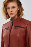 Eva Women's Brown Slim-Fit Short Leather Jacket | Derimod