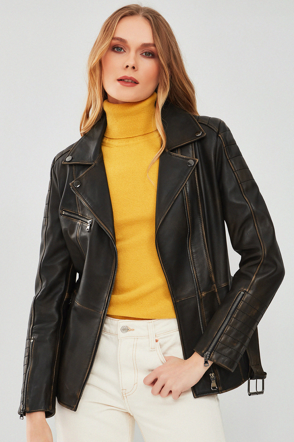 Mayfair Kadın Kahverengi Vintage Uzun Biker Deri Ceket