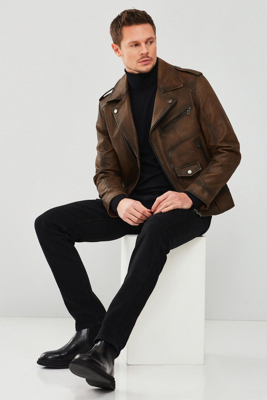Carter Erkek Kahverengi Biker Deri Mont
