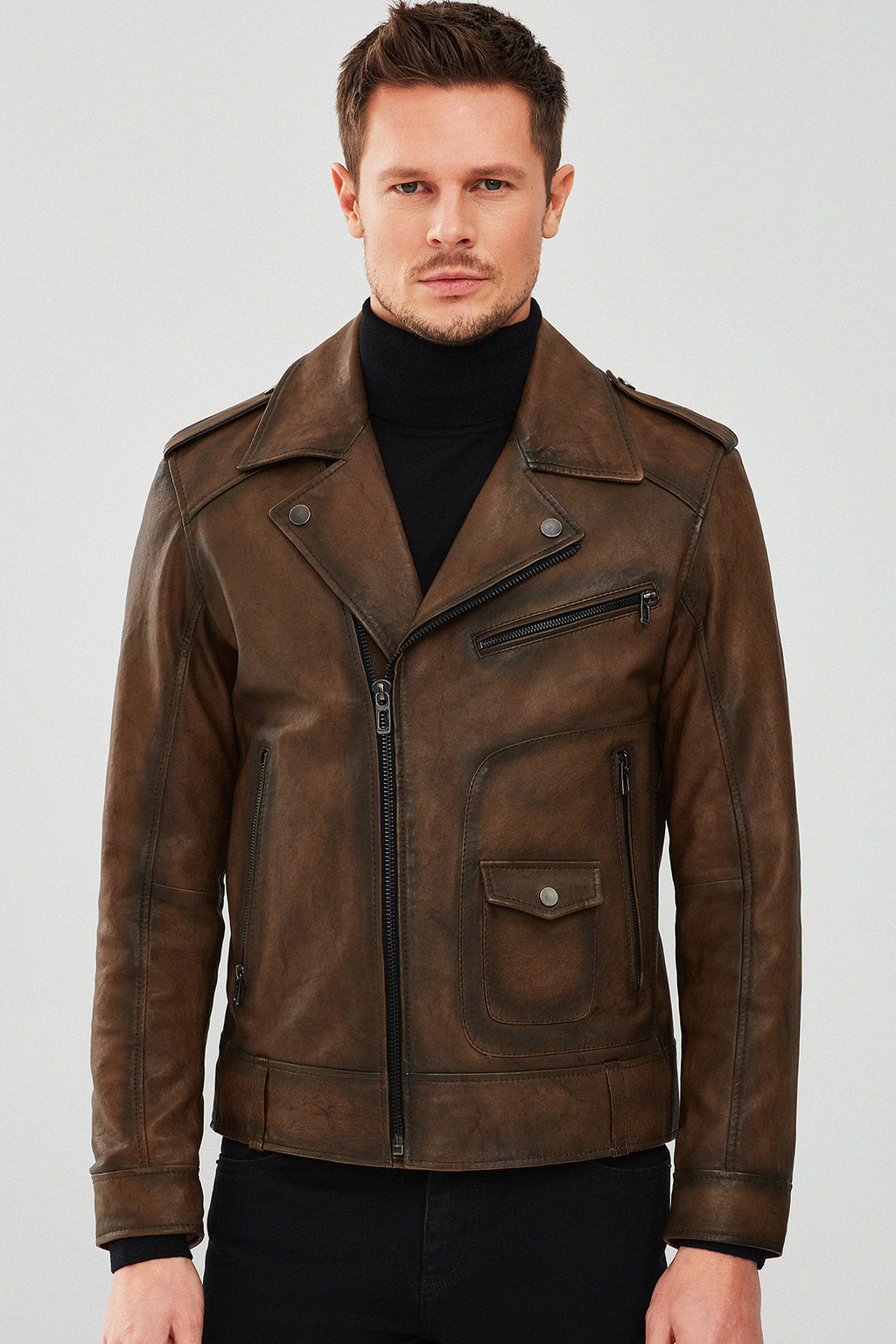 Carter Erkek Kahverengi Biker Deri Mont