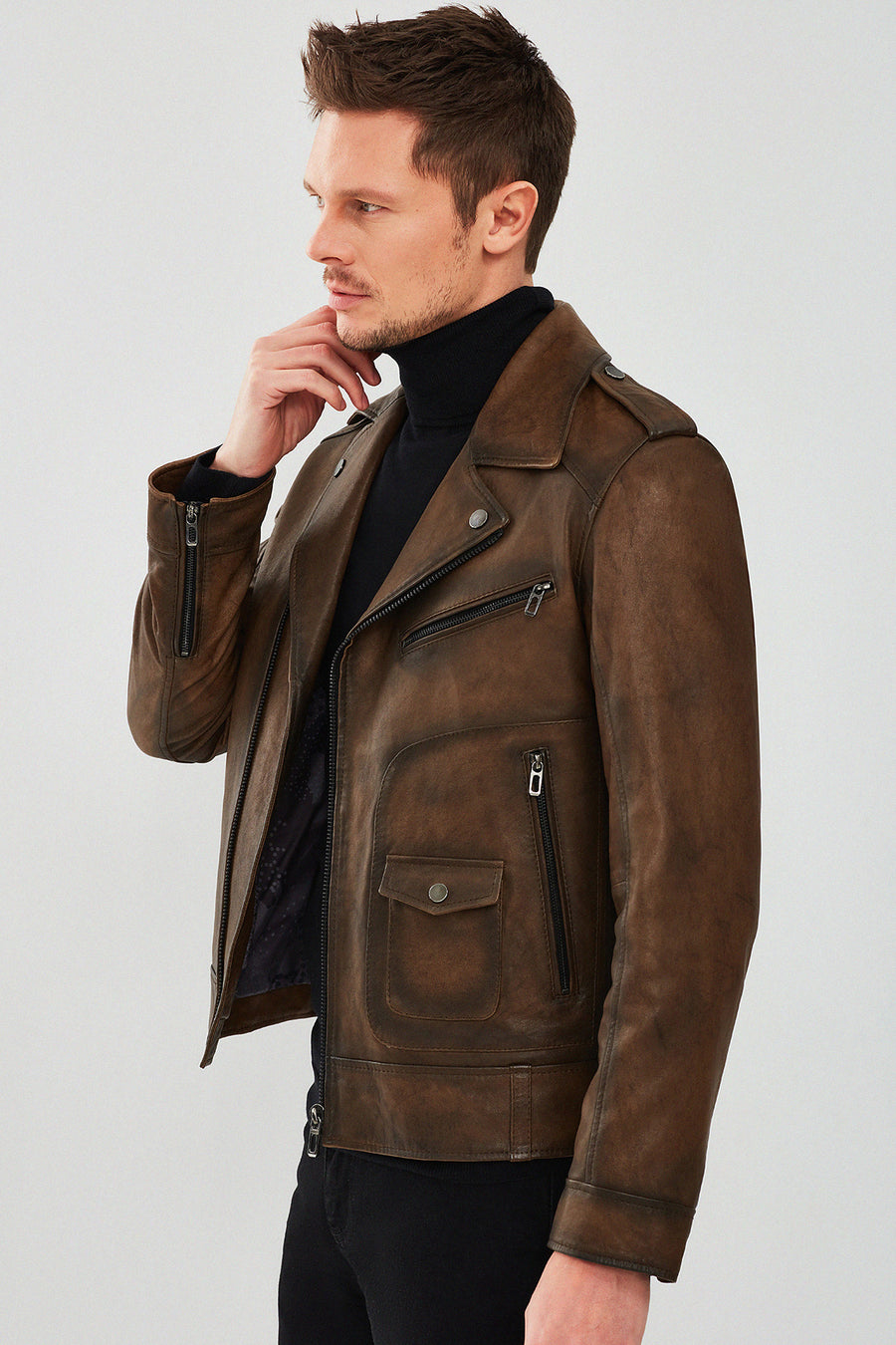 Carter Erkek Kahverengi Biker Deri Mont
