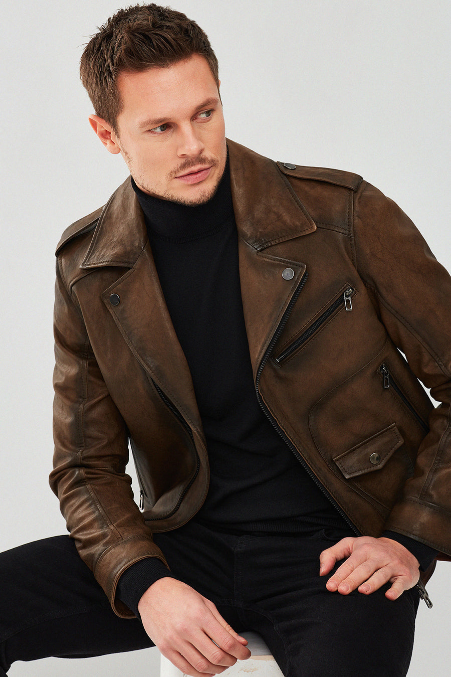 Carter Erkek Kahverengi Biker Deri Mont