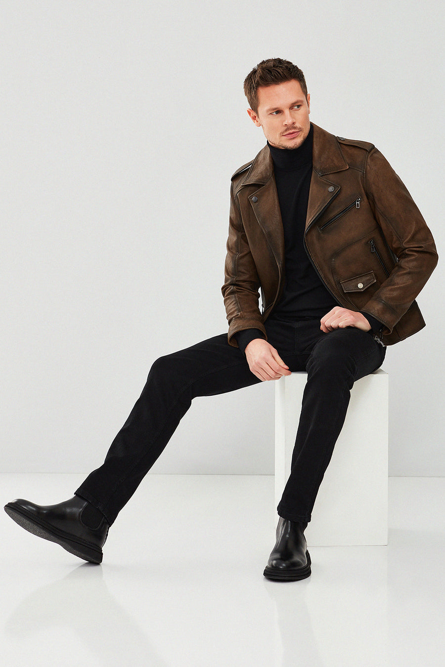 Carter Erkek Kahverengi Biker Deri Mont
