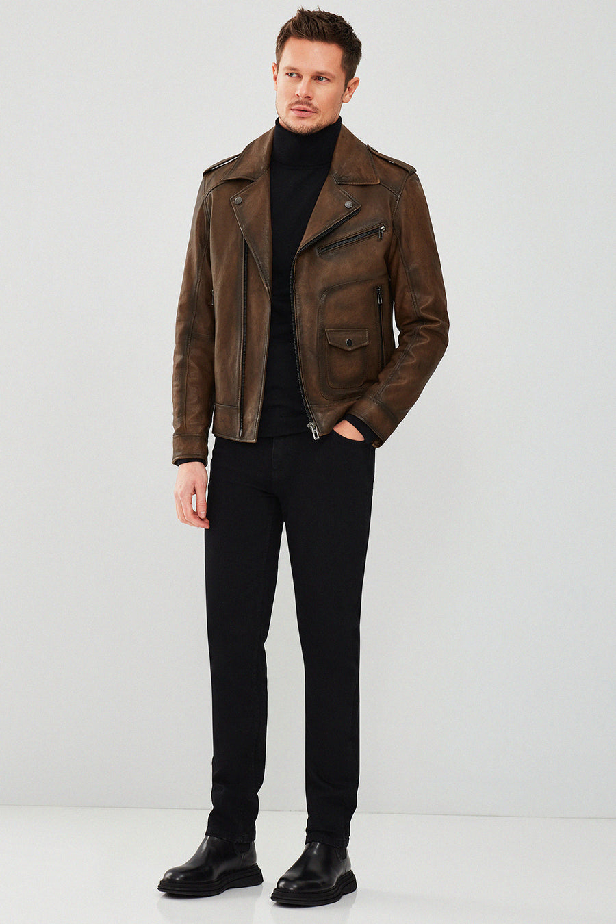 Carter Erkek Kahverengi Biker Deri Mont