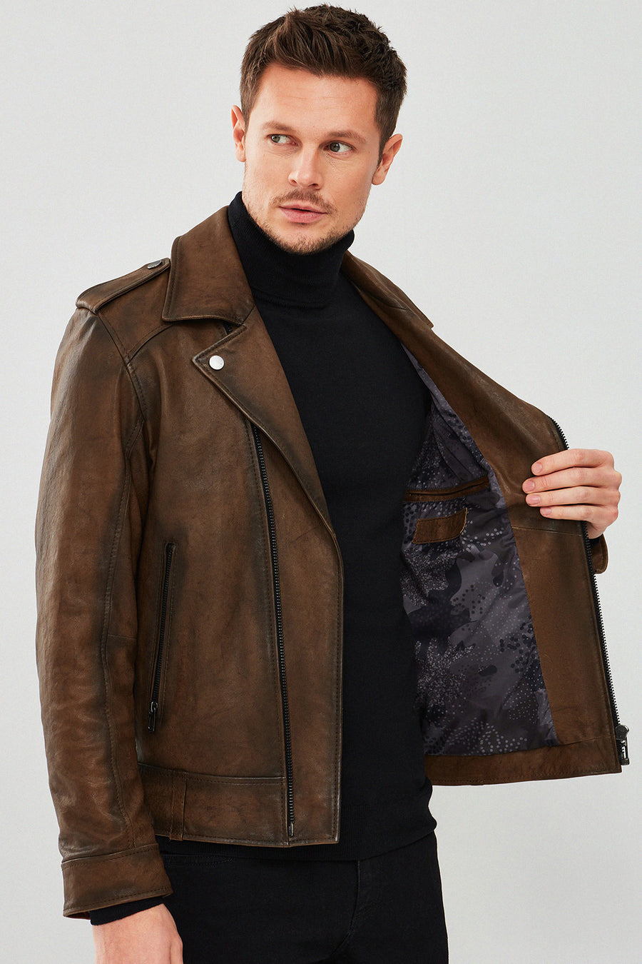 Carter Erkek Kahverengi Biker Deri Mont
