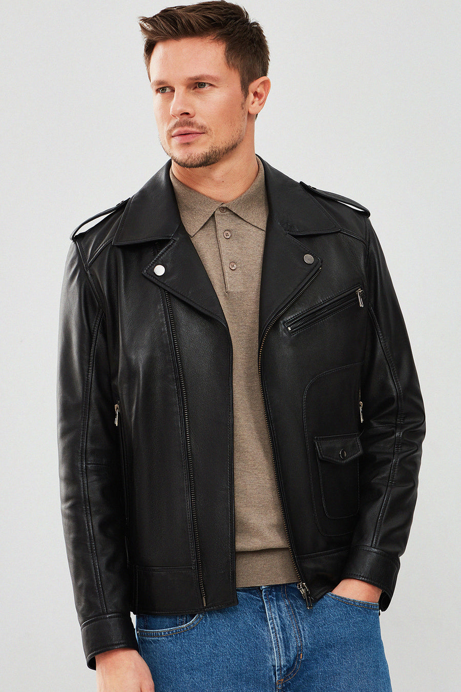 Carter Men's Black Biker Leather Coat 23WGD6490U4 | Derimod