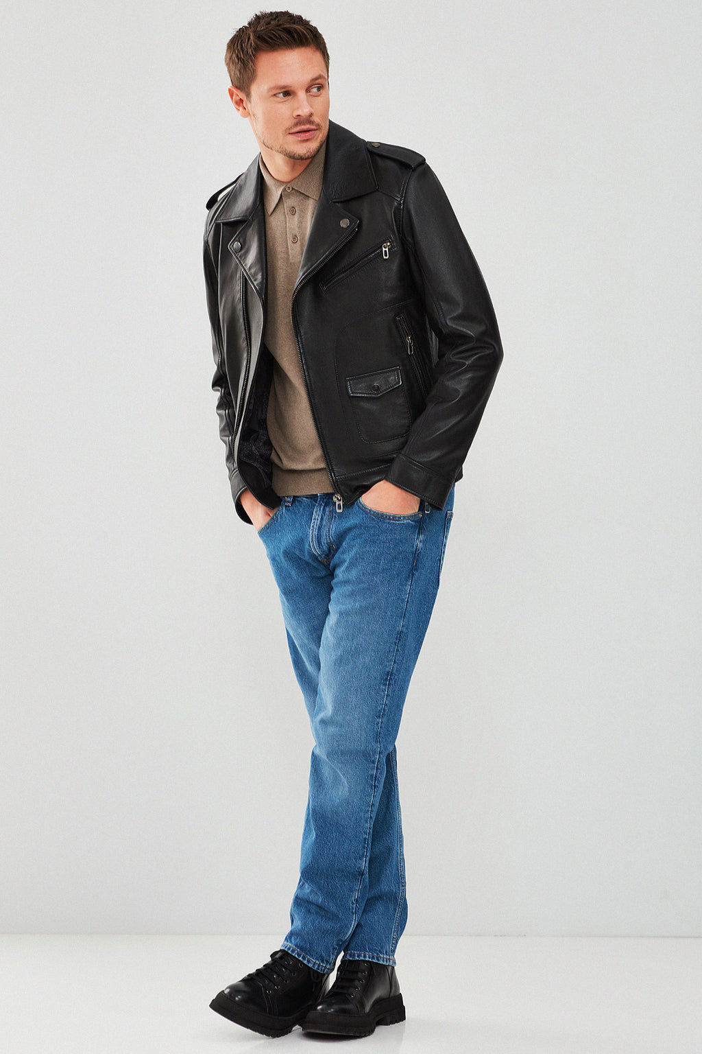 Carter Erkek Siyah Biker Deri Mont