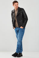 Carter Men's Black Biker Leather Coat | Derimod